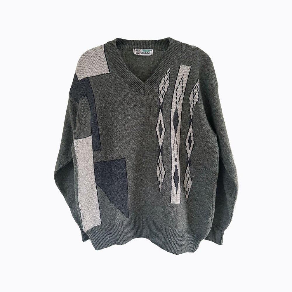 Vintage Birsen Wool Blend Triko Knit Sweater Sz L V-Neck Gray Abstract Pattern